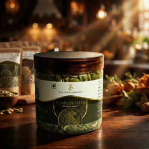 "Premium raw pumpkin seeds from The Seed Company, packed with magnesium and zinc for heart health and immunity boost."